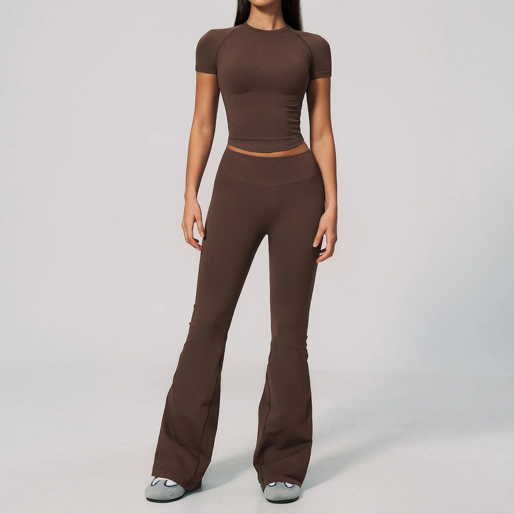 B New 2PCS Women Yoga Workout Suit, Short Sleeve Top with High Waist Flared Pants, Elastic Sportswear for Gym Cycling Fitness Qme