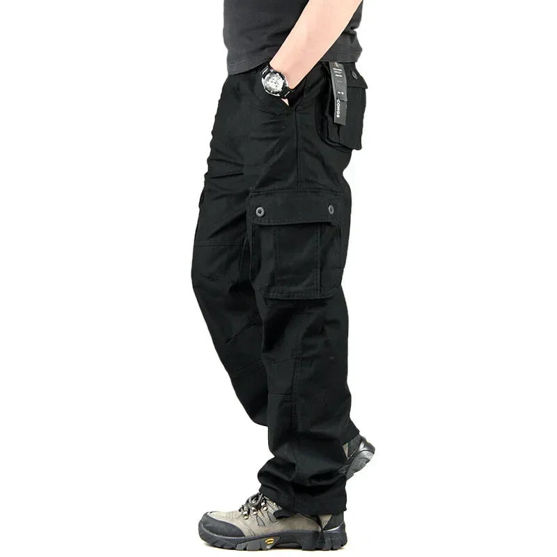 Cargo Pants Men Military Work Overalls Loose Straight Tactical Trousers Multi-Pocket Baggy Casual Cotton Slacks Pants Qme 36 BK