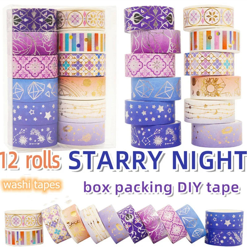 12 Rolls/set Purple Star Gold Foil Washi Tape Set Constellation Series Laser Masking Tapes for Scrapbooking DIY Stationary Set Qme Default Title