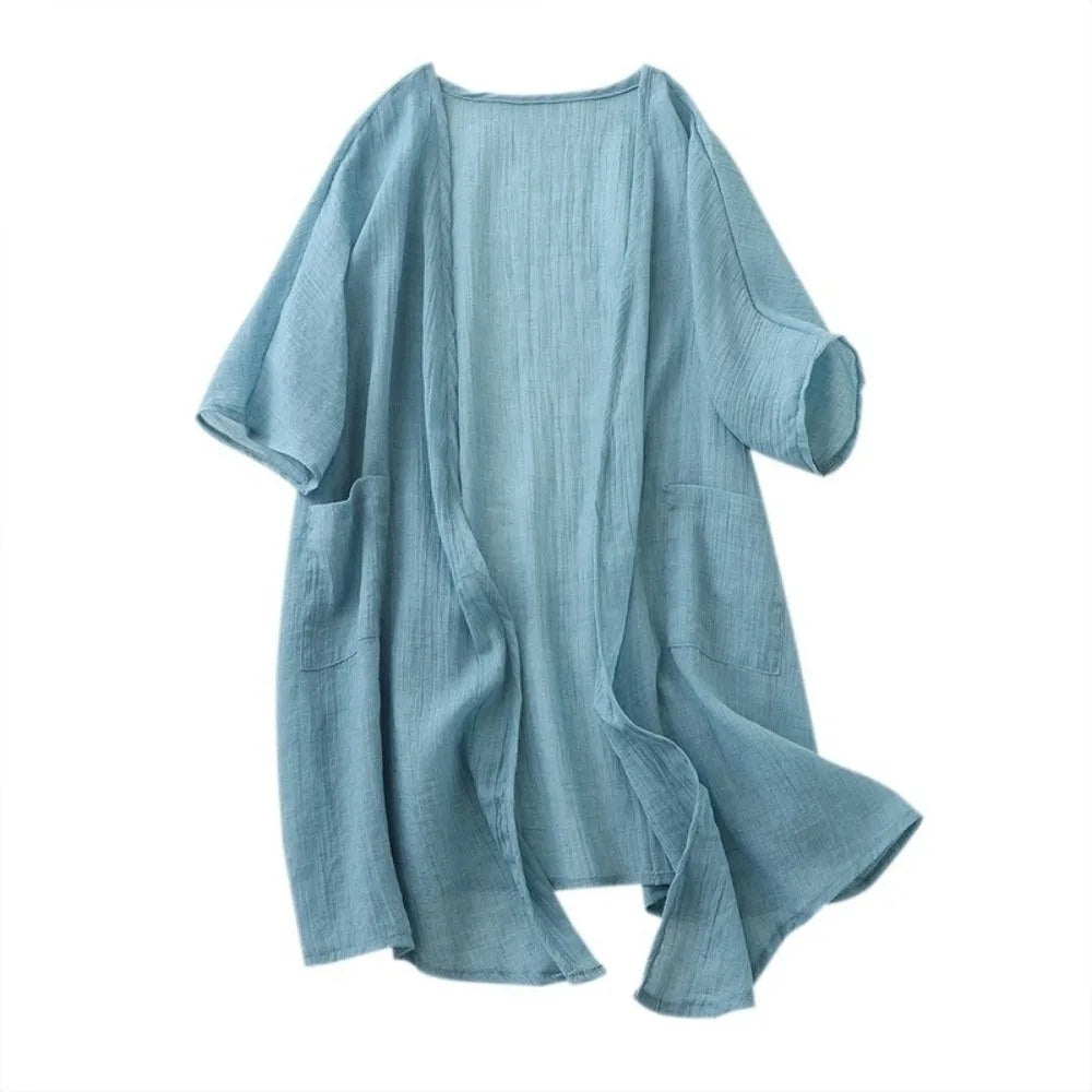Solid Short Sleeved Linen Cardigan Loose Front Opening Summer Shirt Qme Blue XXL