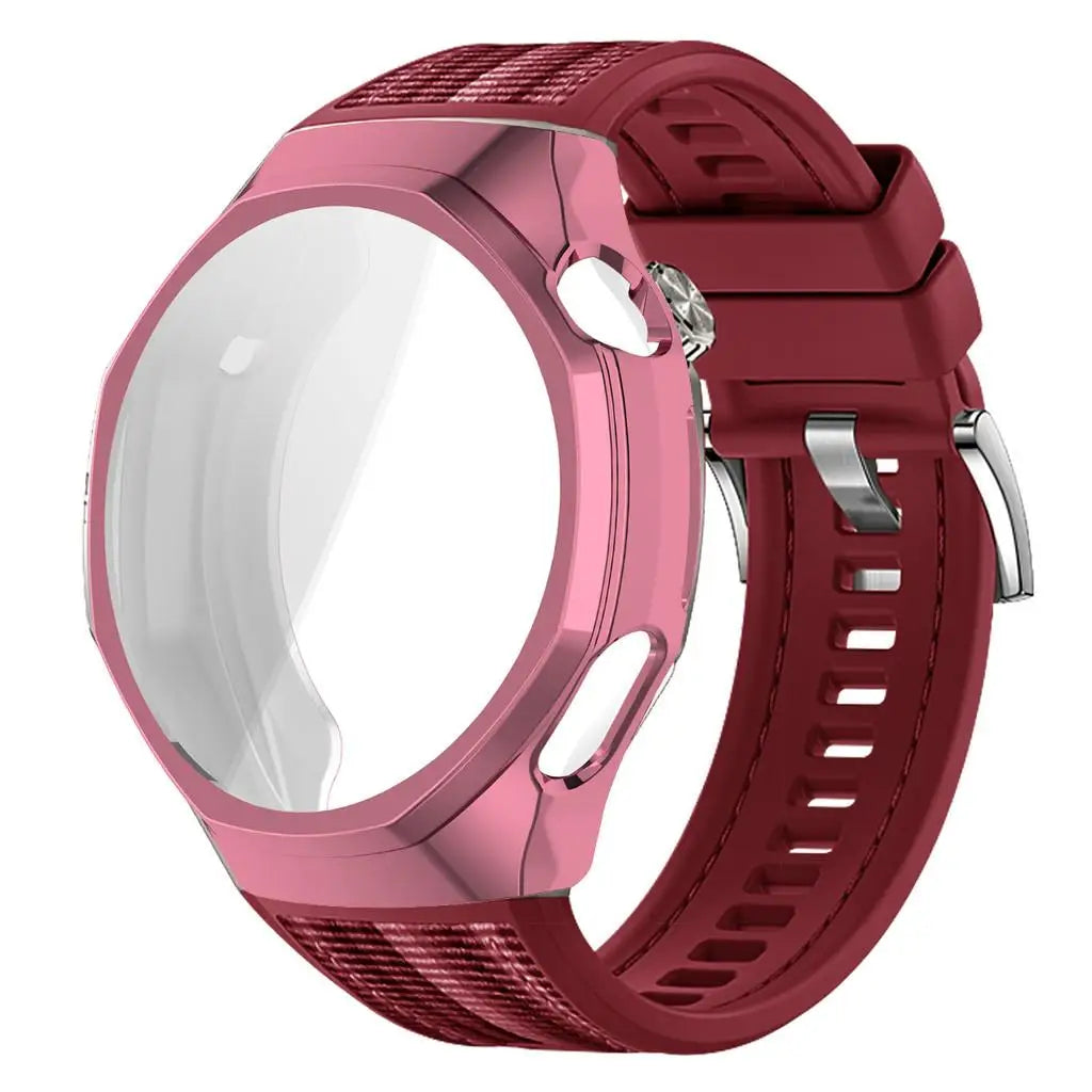 TPU Case+Strap For Huawei GT6 Pro 46mm Soft Silicone+Nylon Woven Bracelet Band With TPU Protector Bumper Shell Cover Qme Red-P For GT6 Pro 46mm
