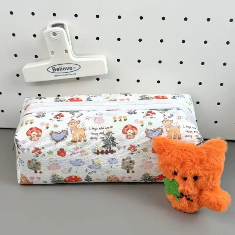 Beautiful Cartoon Animal Canvas Pencil Pouch Floral Design Zipper Bag Qme