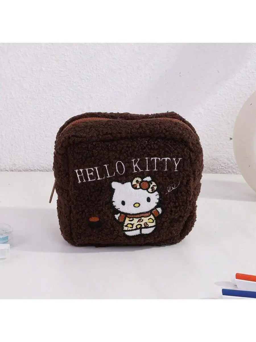 Sanrio Hello Kitty Pattern Makeup Bag Chestnut Embroidery Fashionable Qme Brown curly-haired S