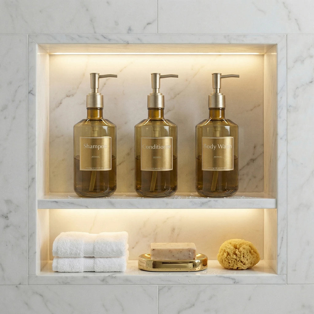 3PCS Shower Soap Dispenser Bottles with Waterproof Labels, Luxury Guest Bathroom Decoration Gold Bottles for Shampoo Conditioner Qme