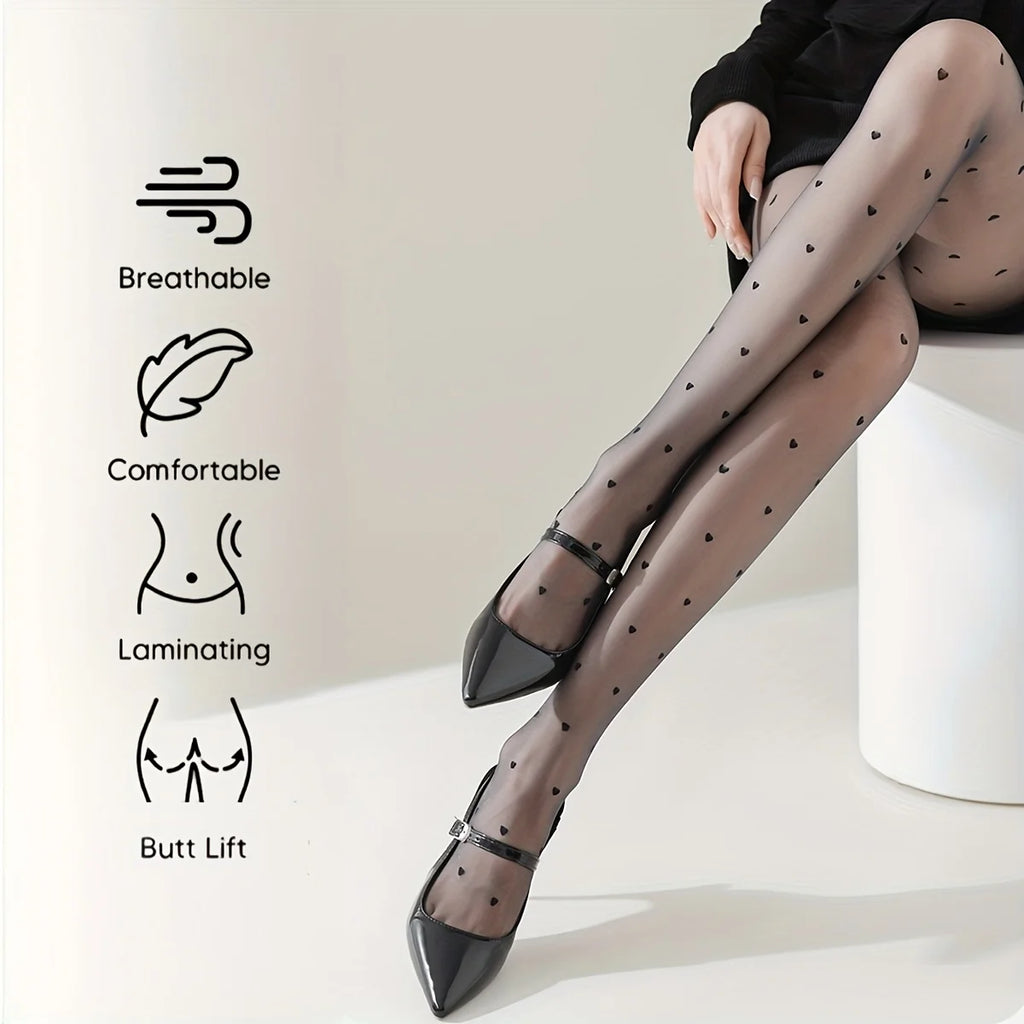Sheer Heart Print Tights Thin Transparent Black Pantyhose Butt Lifting Breathable Mesh Hosiery Sweet Love Dot Pattern Stockings Qme one-size One Size