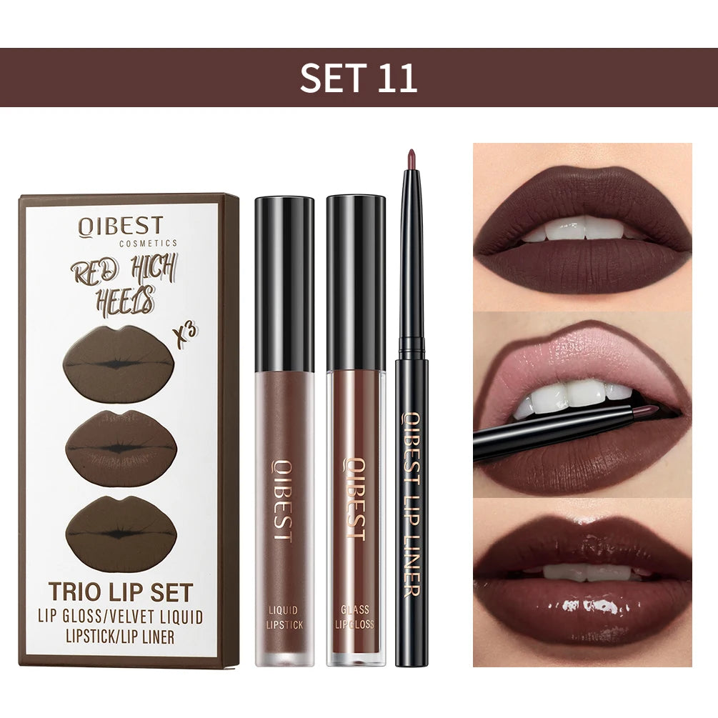 QIBEST Matte Liquid Lipstick&Lip Liner&Lip Gloss 3Pcs Sets Long Lasting Non-stick Cup Red Black Purple Lip Tint Cosmetics Kits Qme 11