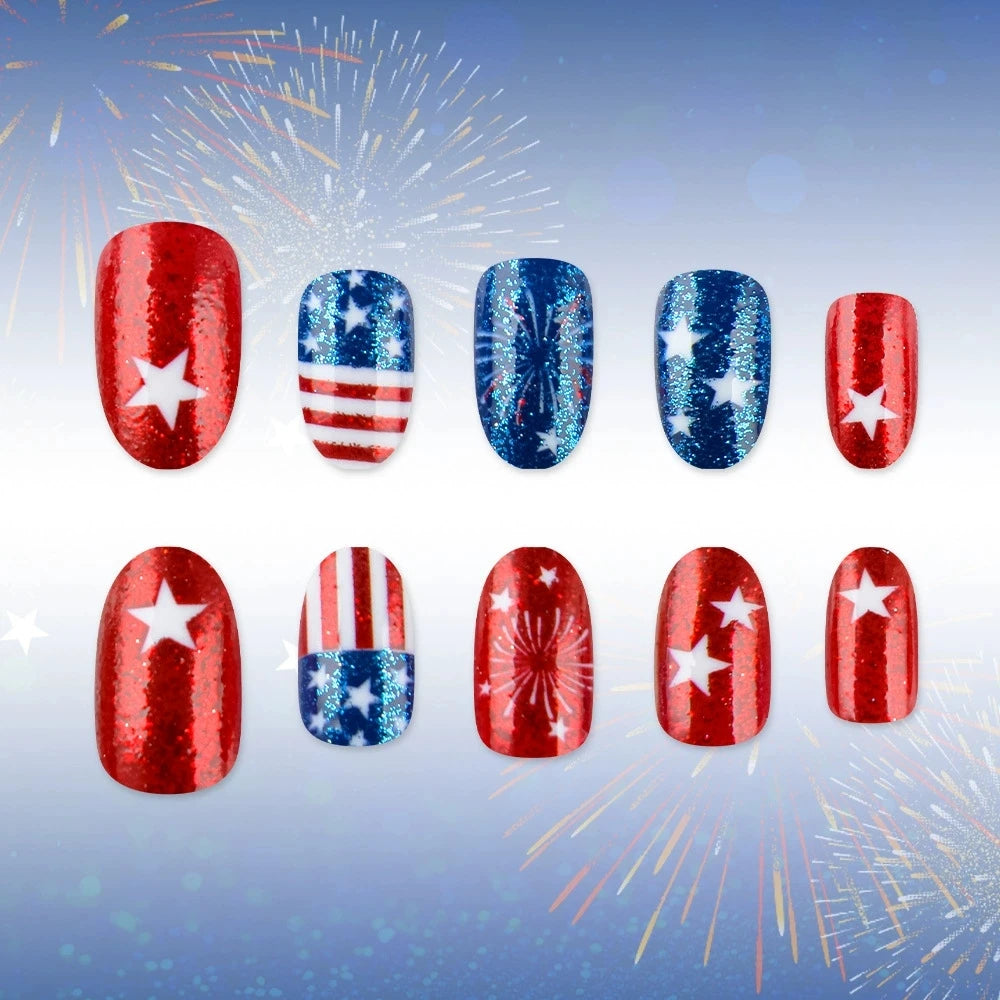 Independence Day Short Oval Nail Tips Glitter Star Firework Press On Nails Removable Reusable Fake For Women Daily Party Qme