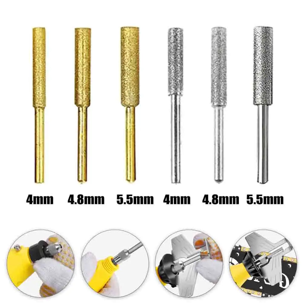 6PCS Set Coated Cylindrical Burr 4mm/4.8mm/5.5mm Chainsaw Stone File Abrasive Tools Chain Saw Sharpening Carving Grinding Tool Qme