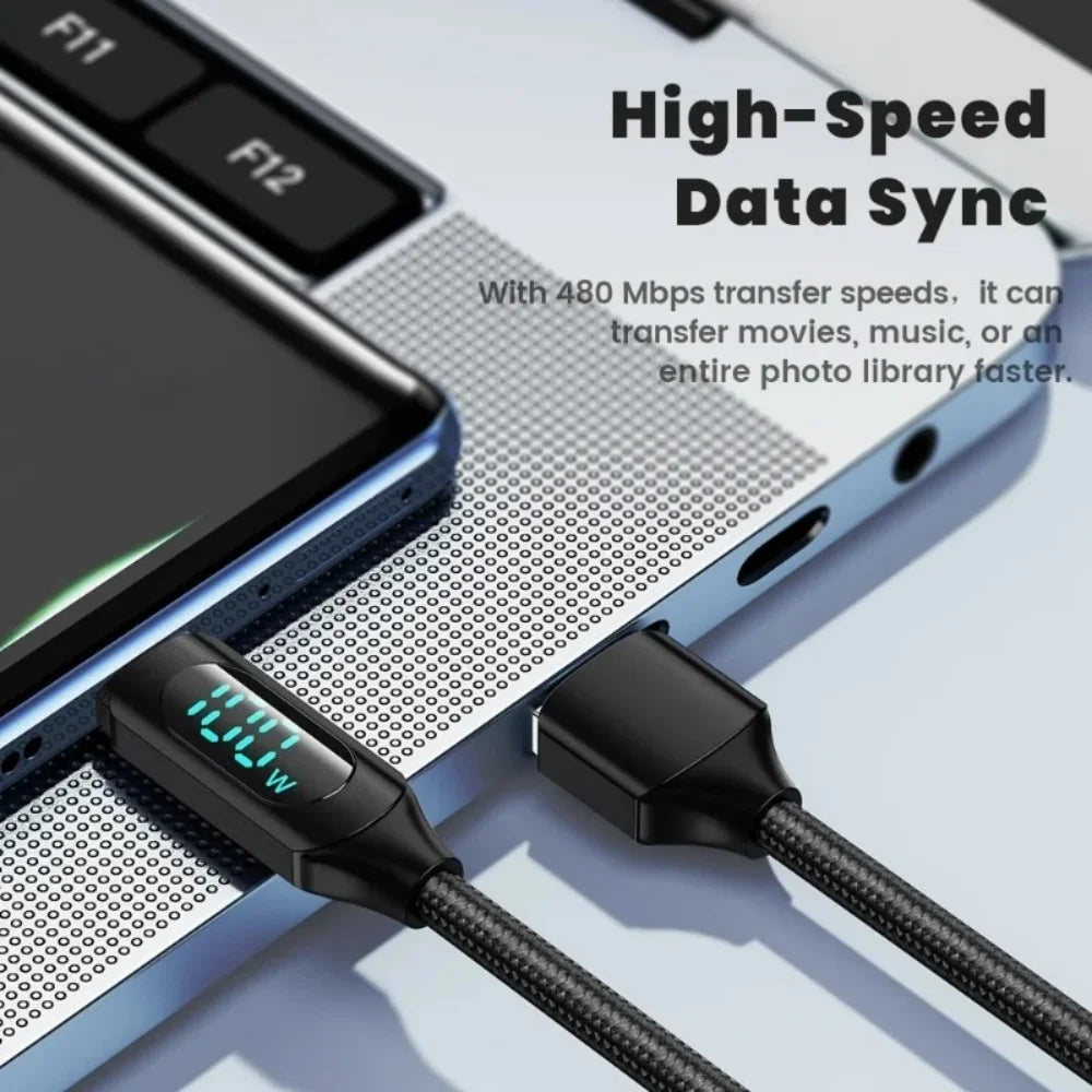 PD 120W Fast Charging Data Cable LED Digital Display USB C Nylon Braided Mobile Phone Charger Cord For iPhone 17 Samsung Xiaomi Qme