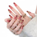 Sweet Cool Wine Red Gradient Press On Nails Luxury French Manicure with Gold Foil Flower Design Reusable Glue On Nail Art Qme 1pcs
