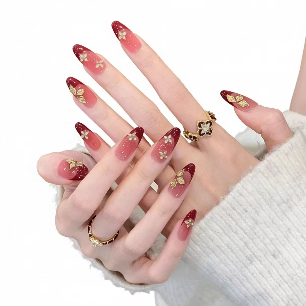Sweet Cool Wine Red Gradient Press On Nails Luxury French Manicure with Gold Foil Flower Design Reusable Glue On Nail Art Qme 1pcs