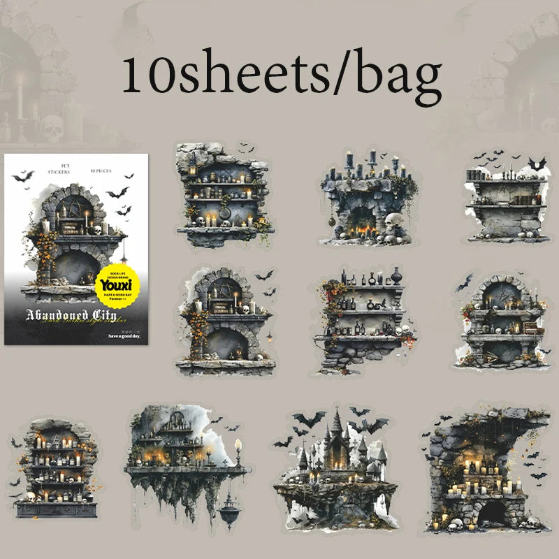 10 Sheets/Bag Gothic Abandoned City Scenery Stickers for Scrapbooking Planner Notebook DIY Phone Case Decoration Office Gift Qme 1
