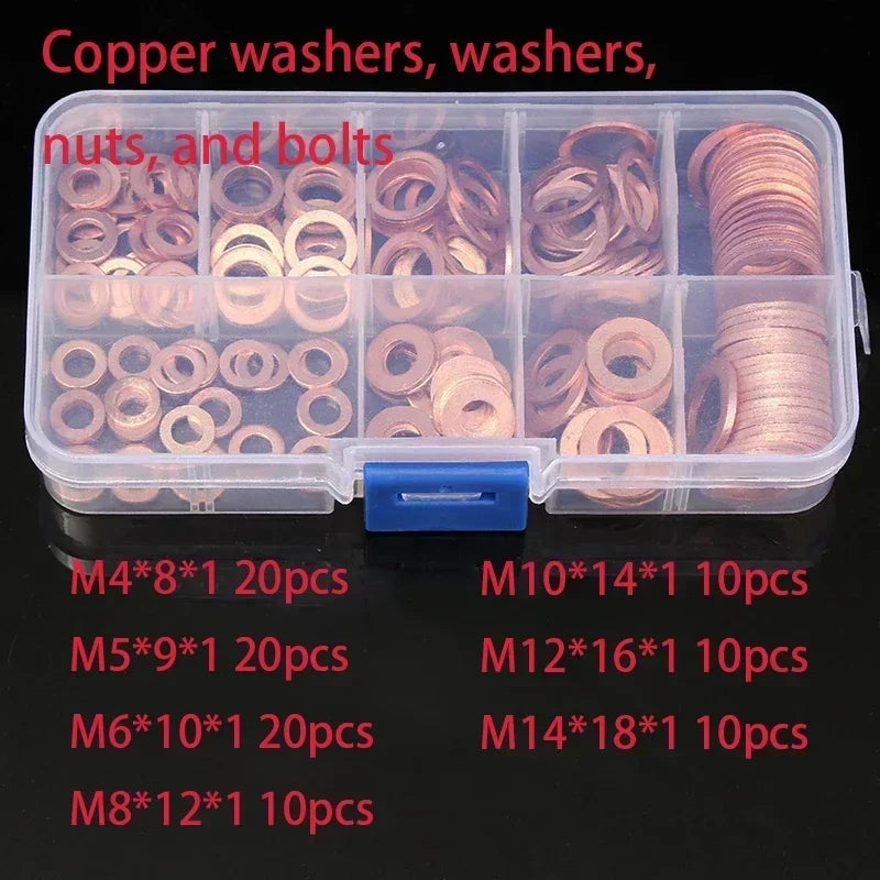 100 PCS Of Copper Washers, Washers, Nuts, And Bolts, With Box M4/M5/M6/M8/M10/M12/M14 Seal Combination Kit For Oil Pan Plugs Qme 100pcs