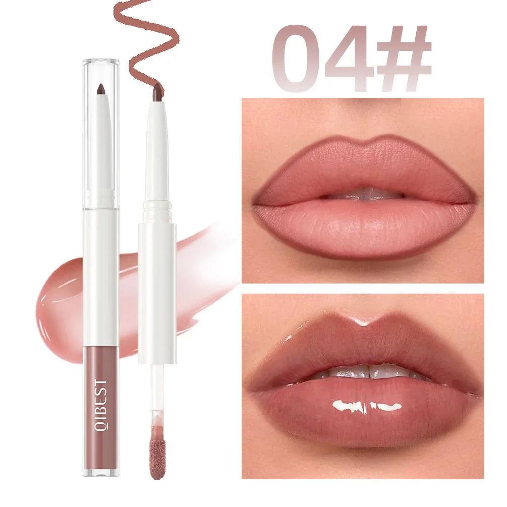 QIBEST Velvet Brown 2 In 1 Lip Liner Pencil Lipgloss Moisturizing Cherry Red Lip Liner Lip Contour Pen Makeup Women Lip Glaze Qme 04