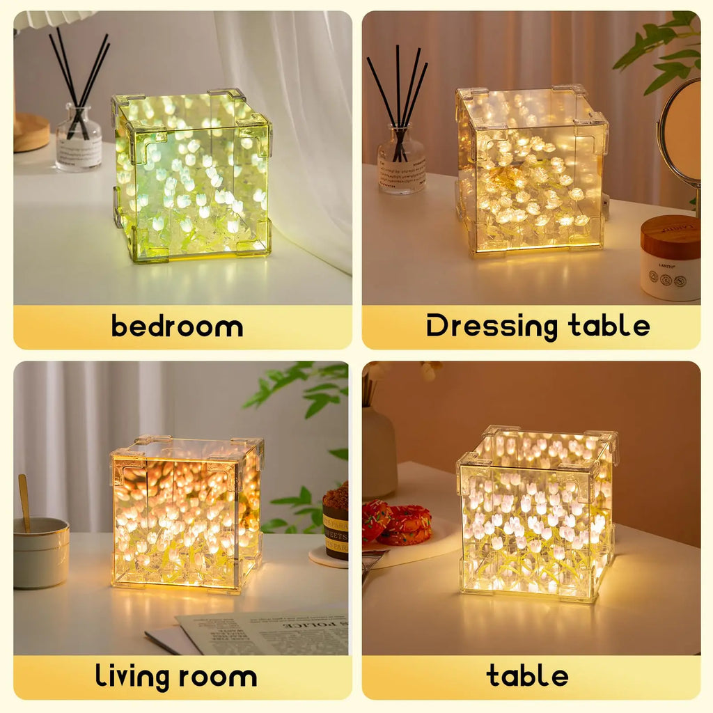 DIY Tulip Lamp Three-Dimensional Transparent Cuby Nightlight Lamp And Mirror 2 In 1 Anniversary Couple Gifts Bedroom Decorations Qme