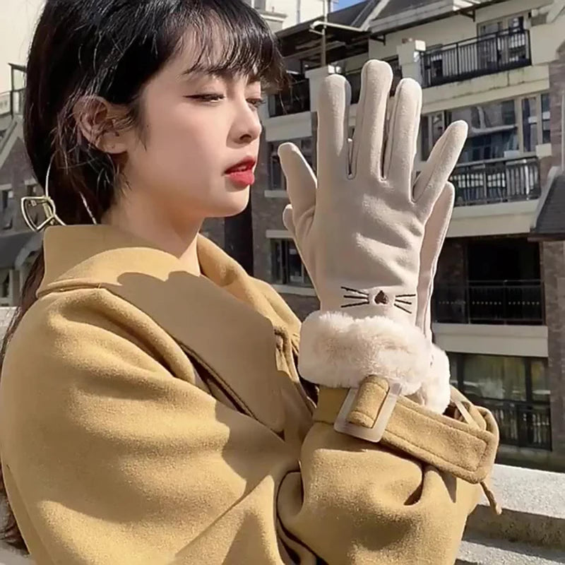 Autumn Winter Warm Suede Gloves Velvet Thickened Plush Decor Cuff Qme