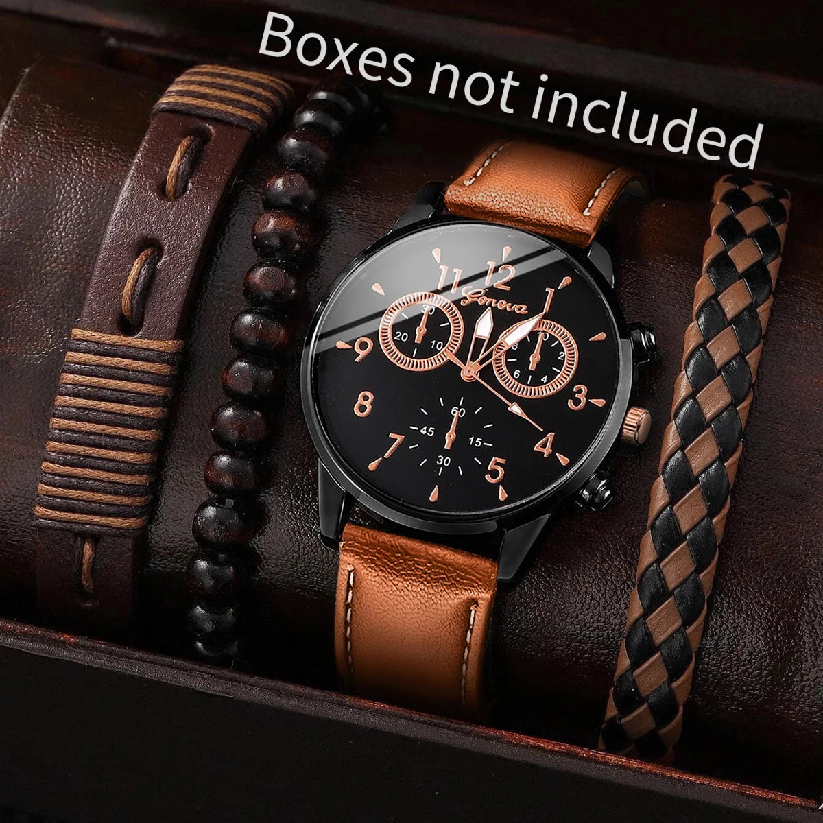 Relógio de quartzo de couro para homens, pulseiras vintage sem caixa, mostrador árabe, moda comercial, 4 pcs/set Qme black