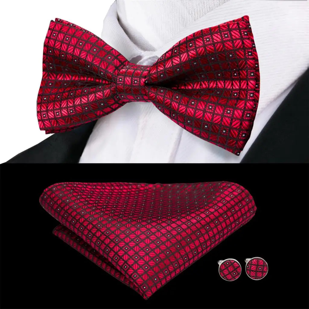 Rose Red Burgundy Maroon Silk Mens Bow Tie Hanky Cufflinks Set Jacquard Pre-tied Butterfly Knot Bowtie for Male Wedding Business Qme LDLH0761