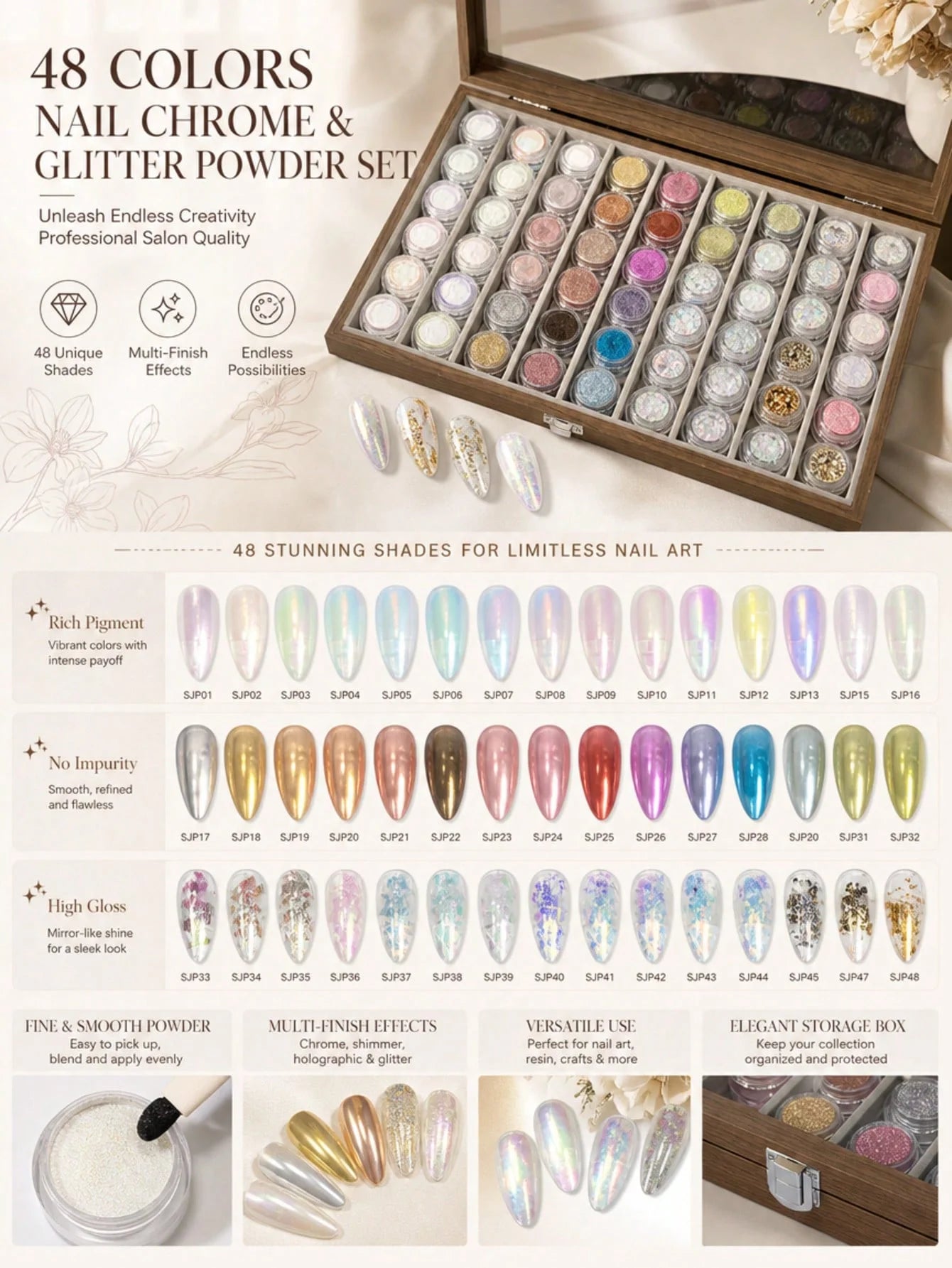 48-color Premium Aurora Ice-clear Nail Powder Includes Cards Storage Qme