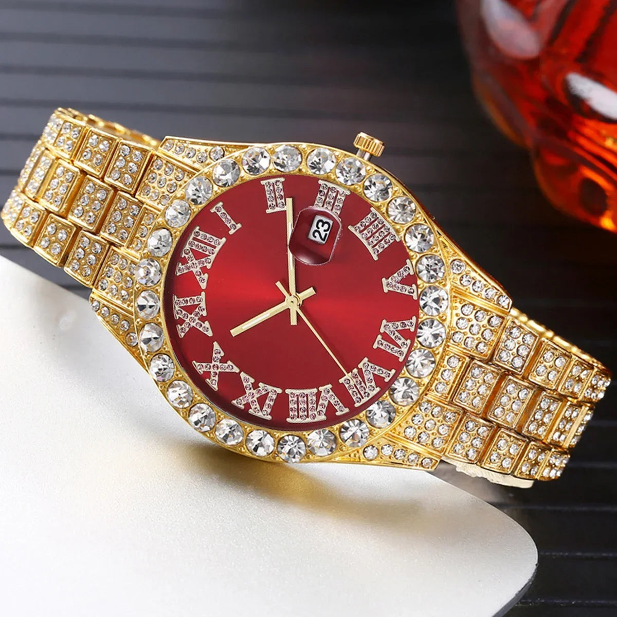 A08095-2 Full Faux Diamond Iced Out Steel Strap Large Dial Quartz Watch Hip Hop Watch Qme