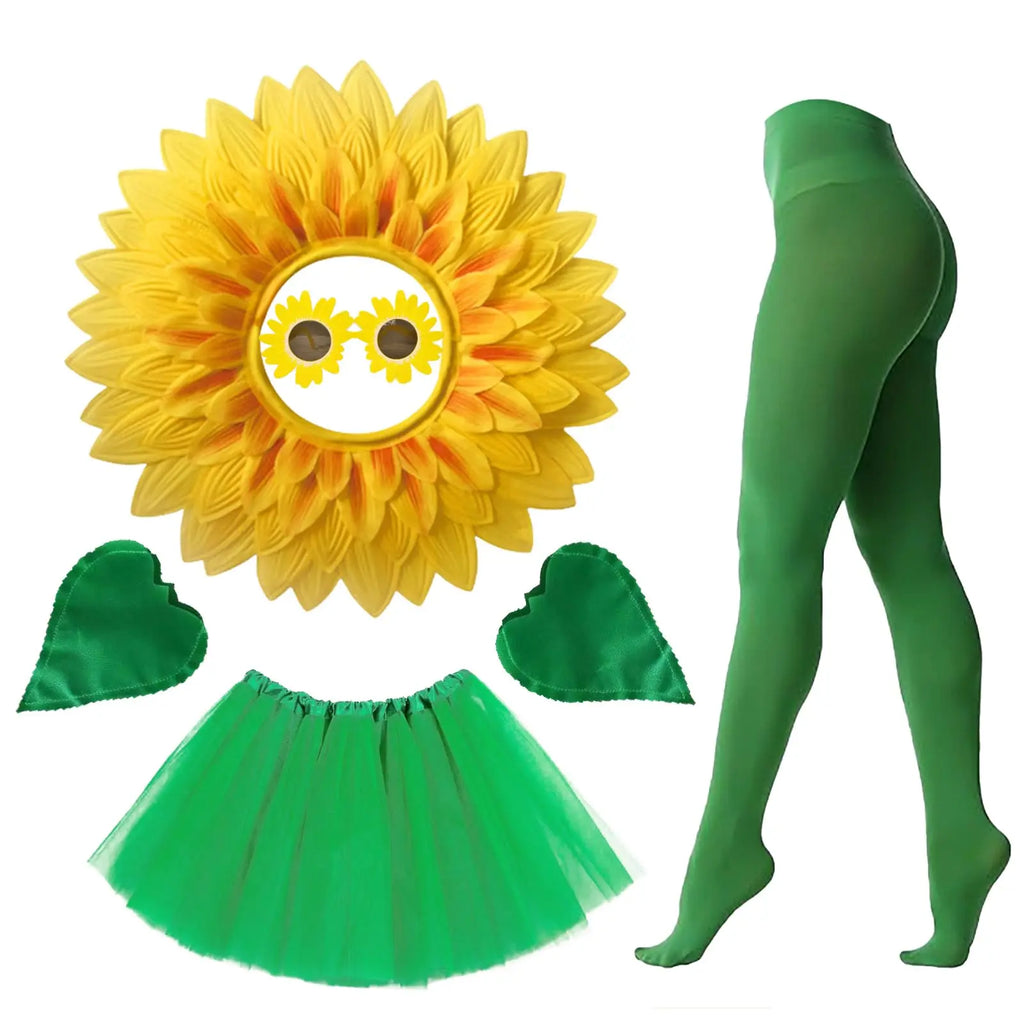 Sunflower Costume Sunshine Daisy Flower Outfit Sun Flower Headpiece Glasses Tutu Skirt Gloves Socks Plant Costume Qme Gold ONE SIZE