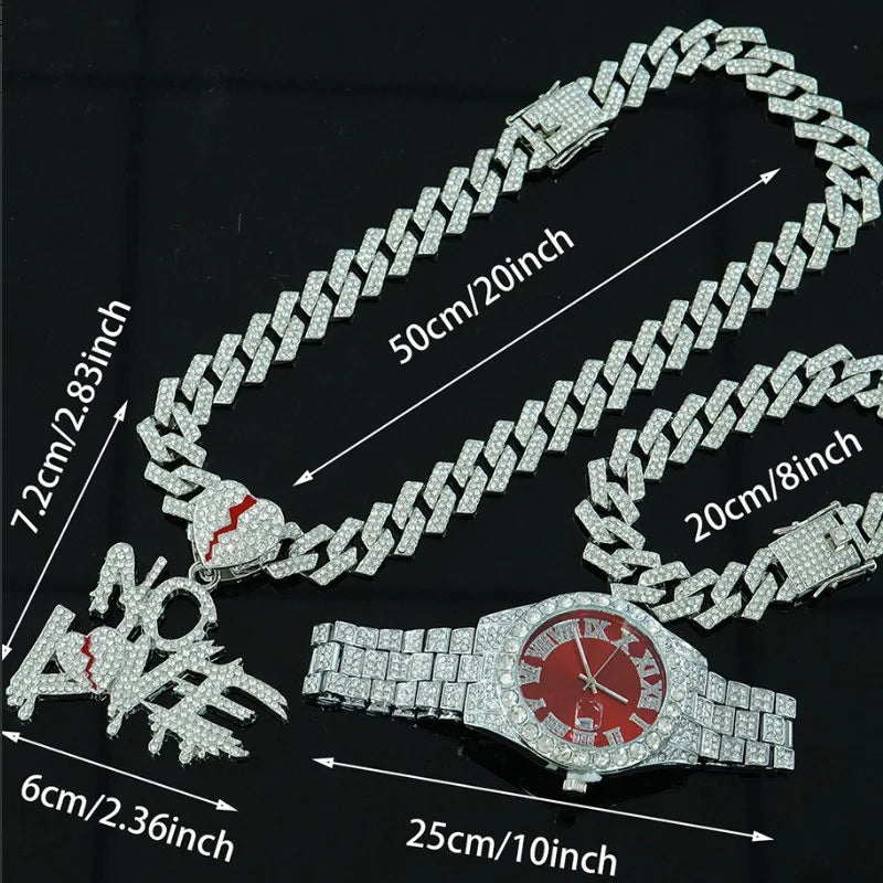 3-Piece Set of Popular Foreign Trade Maier Cuban Necklace and Bracelet Set, Men's Watch and Jewelry Party Gift Qme