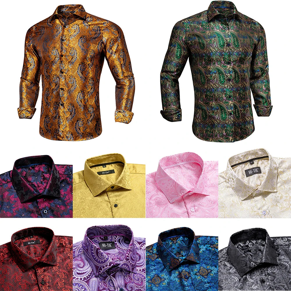 Hi-Tie Fashion Mens Silk Shirts Long Sleeve Gold Blue Paisley Jacquard Lapel Shirt Casual Formal Wedding Business Party Gifts Qme