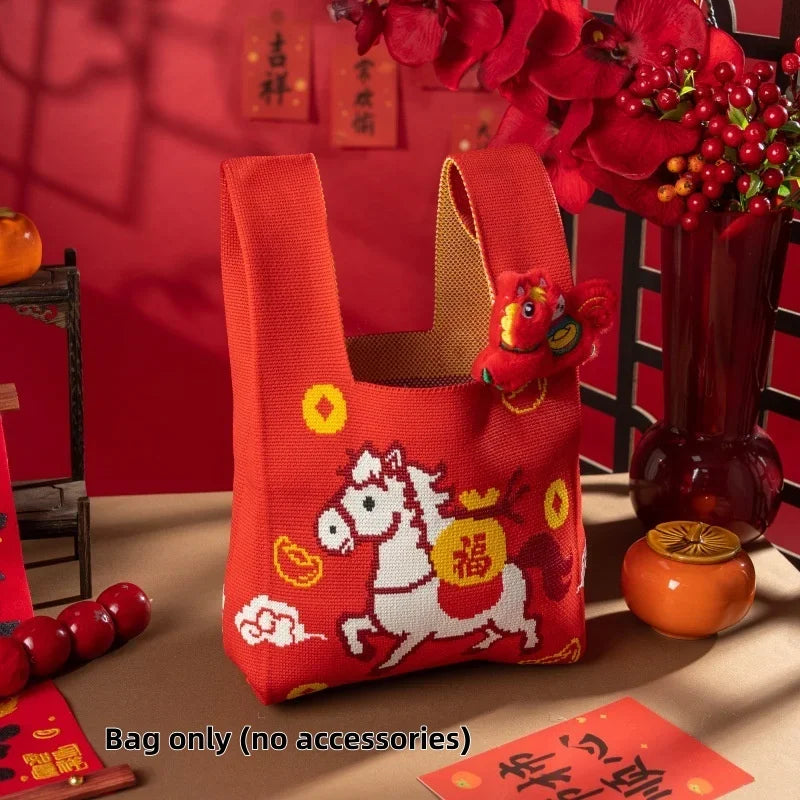 2026 Horse Year Cartoon Mascot Pony Knitted Bucket Bag Women Fashion