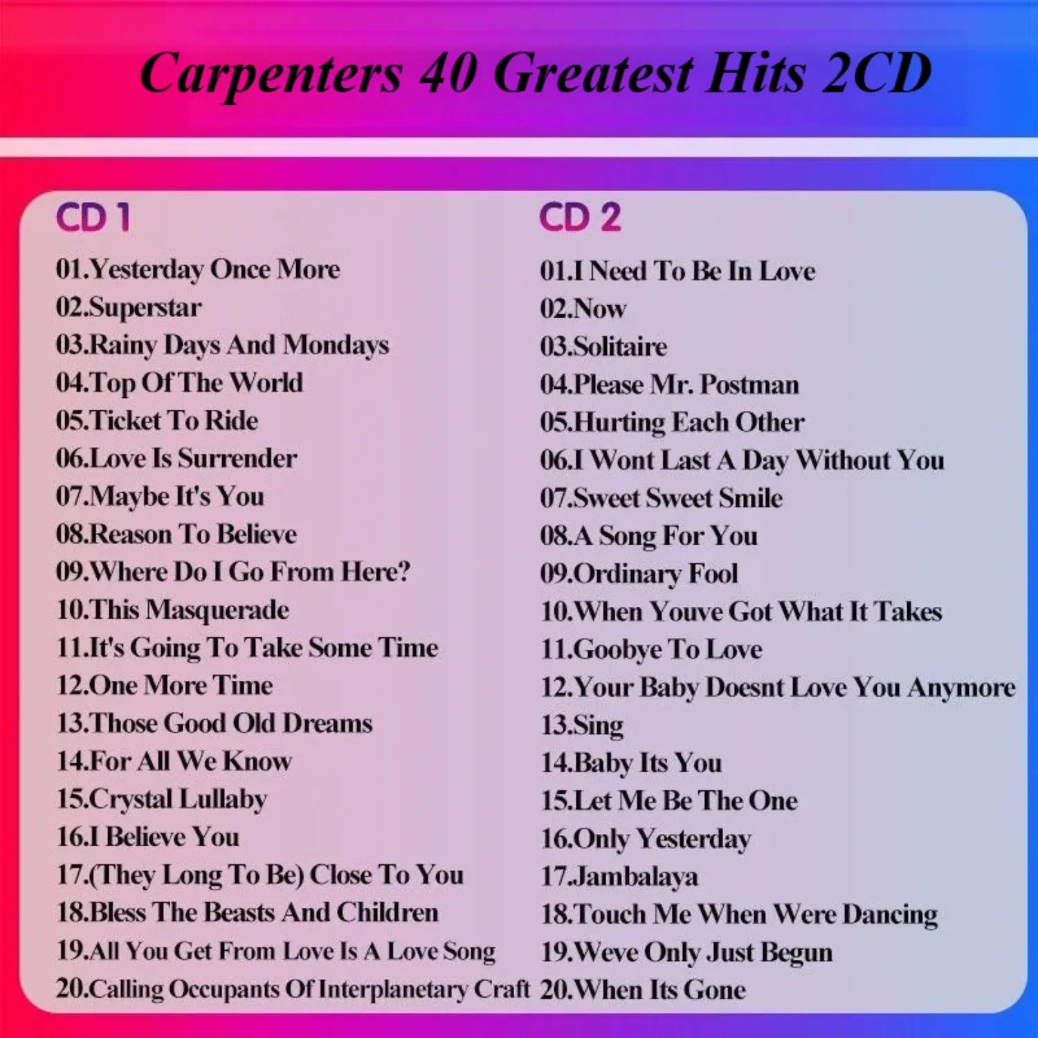 Classic Soft Pop Duo 40 Greatest Hits Collection CD Only 2CD Set in High-Fidelity Sound, for Music Lovers Collection & Listening Qme