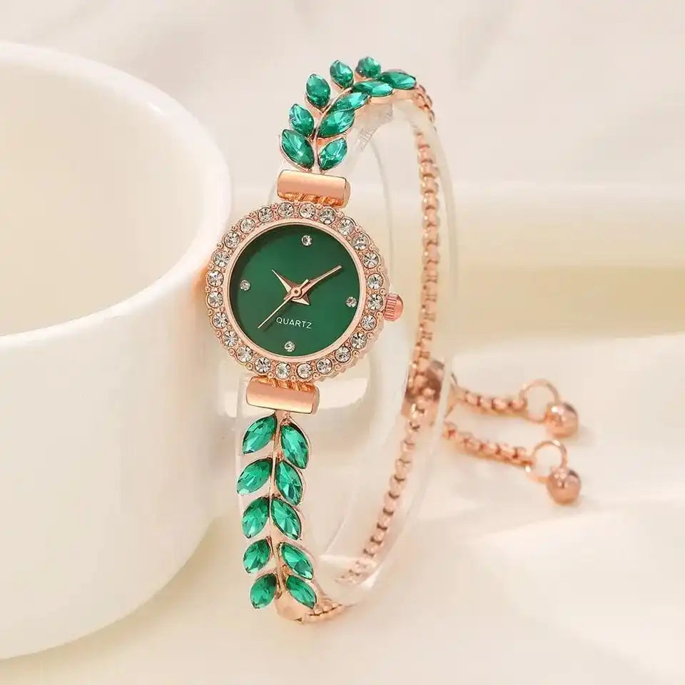 New diamond studded temperament, internet famous and popular bracelet, women's quartz watch, leaf jewelry set Qme