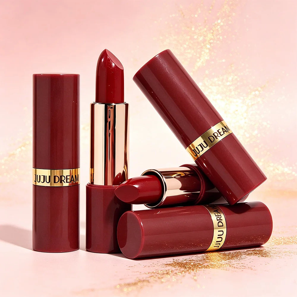 JUJU DREAM Coffee Red Rose Gold Shimmer Lipstick Metallic Glitter Qme