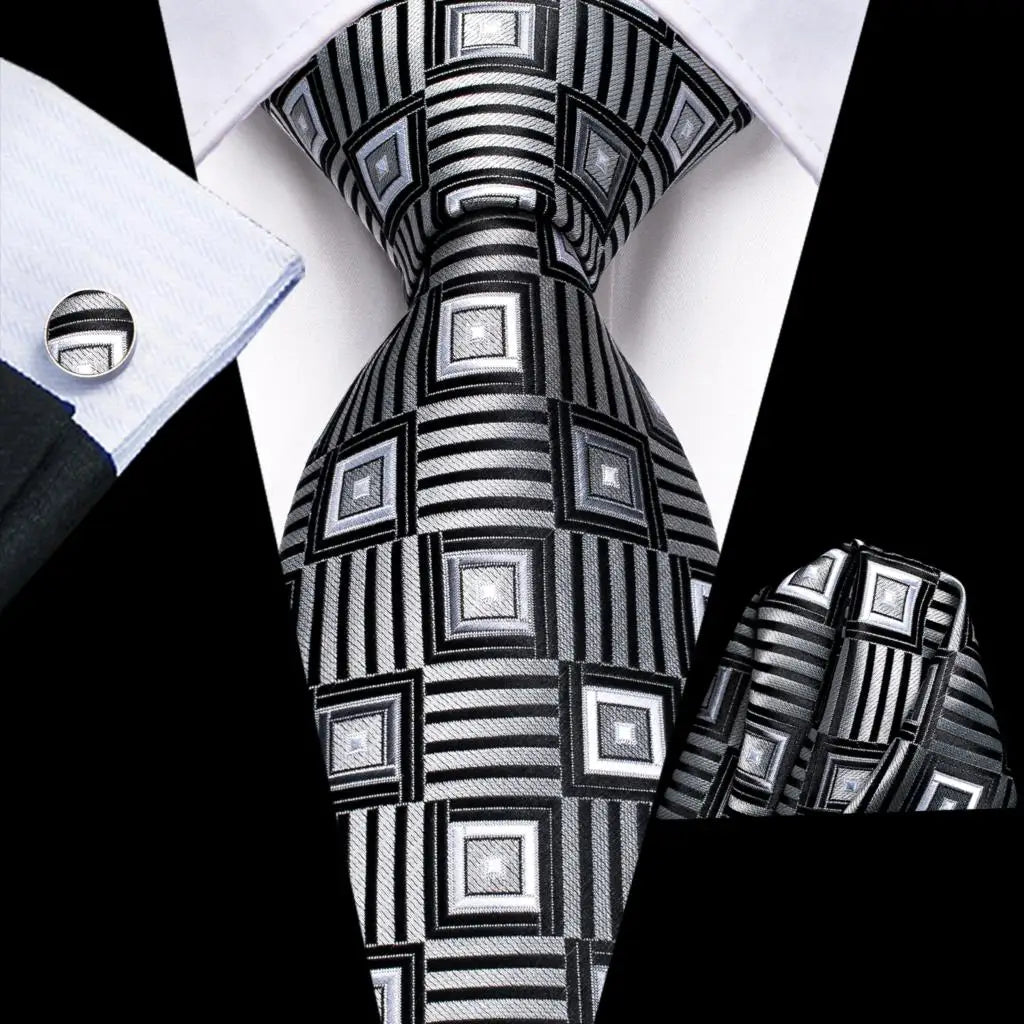 Hi-Tie Designer Mens Tie Luxury Handmade Geometric Necktie Silk Woven Tie Set For Men Business Wedding Neck Tie Square Cufflinks Qme SN-3549
