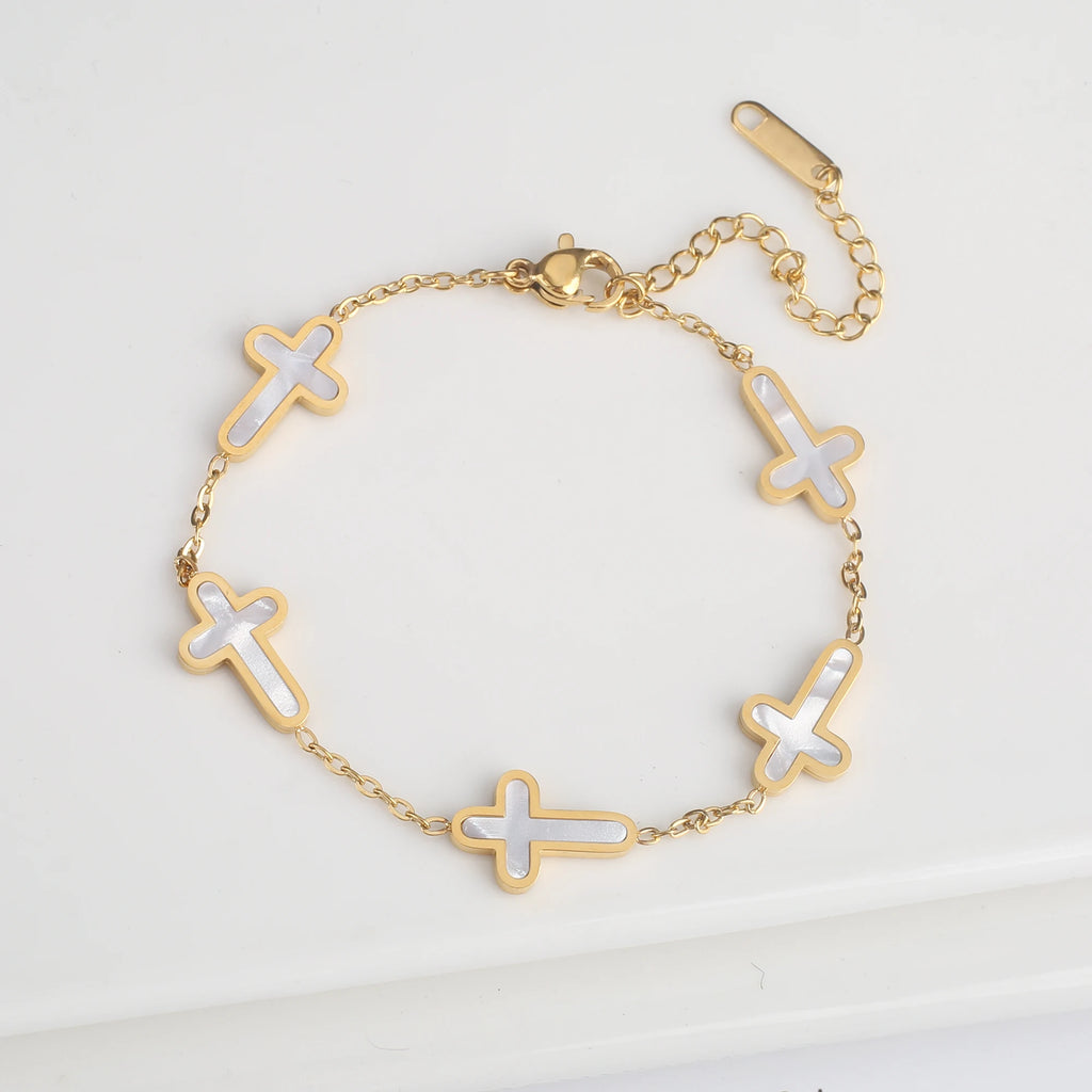 INS Hot Sale Charms Stainless Steel Shell Cross Necklace Jewelry Set Bracelet Earrings Luxury for Party Daily Wear Jewelry Gift Qme Bracelet 3