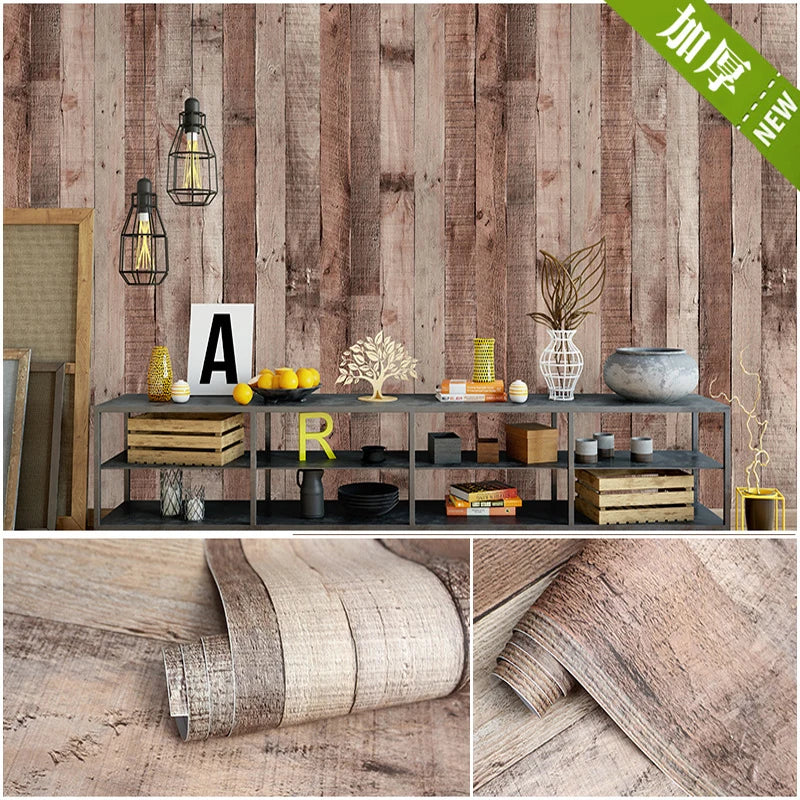 Retro Faux Wood Grain Peel Stick Wallpaper Self-adhesive Plank Roll Qme