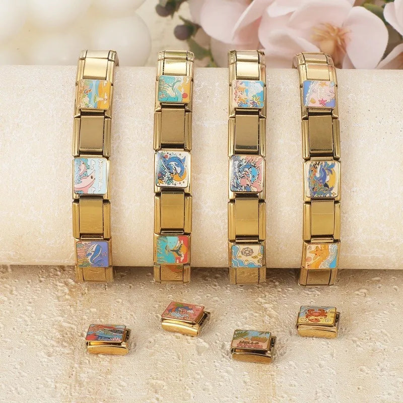 Sweet Pink Sky Cloud Lovely Dolphin Ocean Charm Italian Links Fit 9mm Bracelet Stainless Steel Women Men Making DIY Jewelry Gift Qme