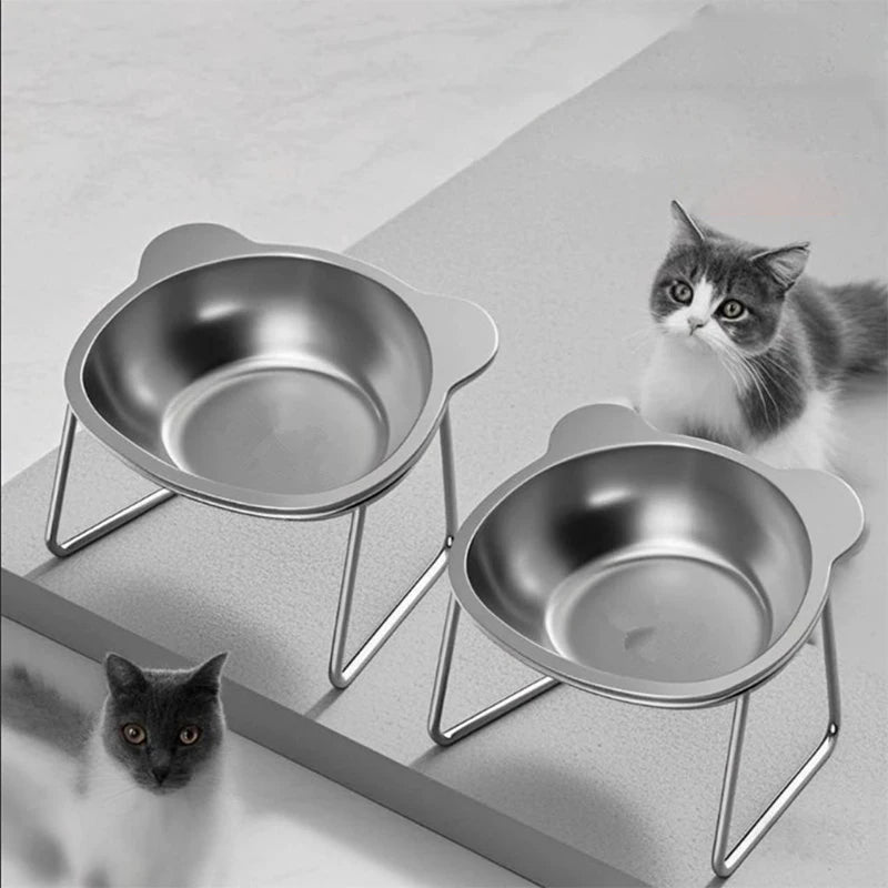 .Raised Cat Bowls Tilted Neck Guard Cat Food Bowl 304 Stainless Steel Shatter-resistant Elevated 15° Pet Supplies For Puppy Cat. Qme