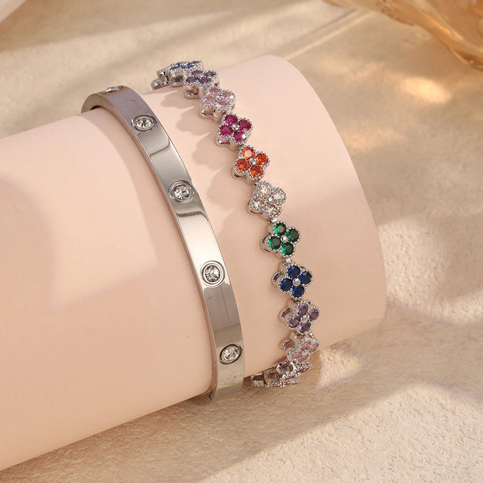 Colorful Shiny Zircon Five-leaf Flower Stacked Bracelet Bangles 18K Qme
