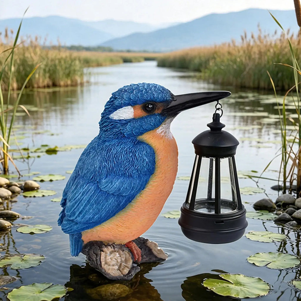Solar Garden Statues Waterproof Resin Blue Kingfisher With Solar Lantern Outdoor Bird Figurine Light For Patio Lawn Pathway Qme