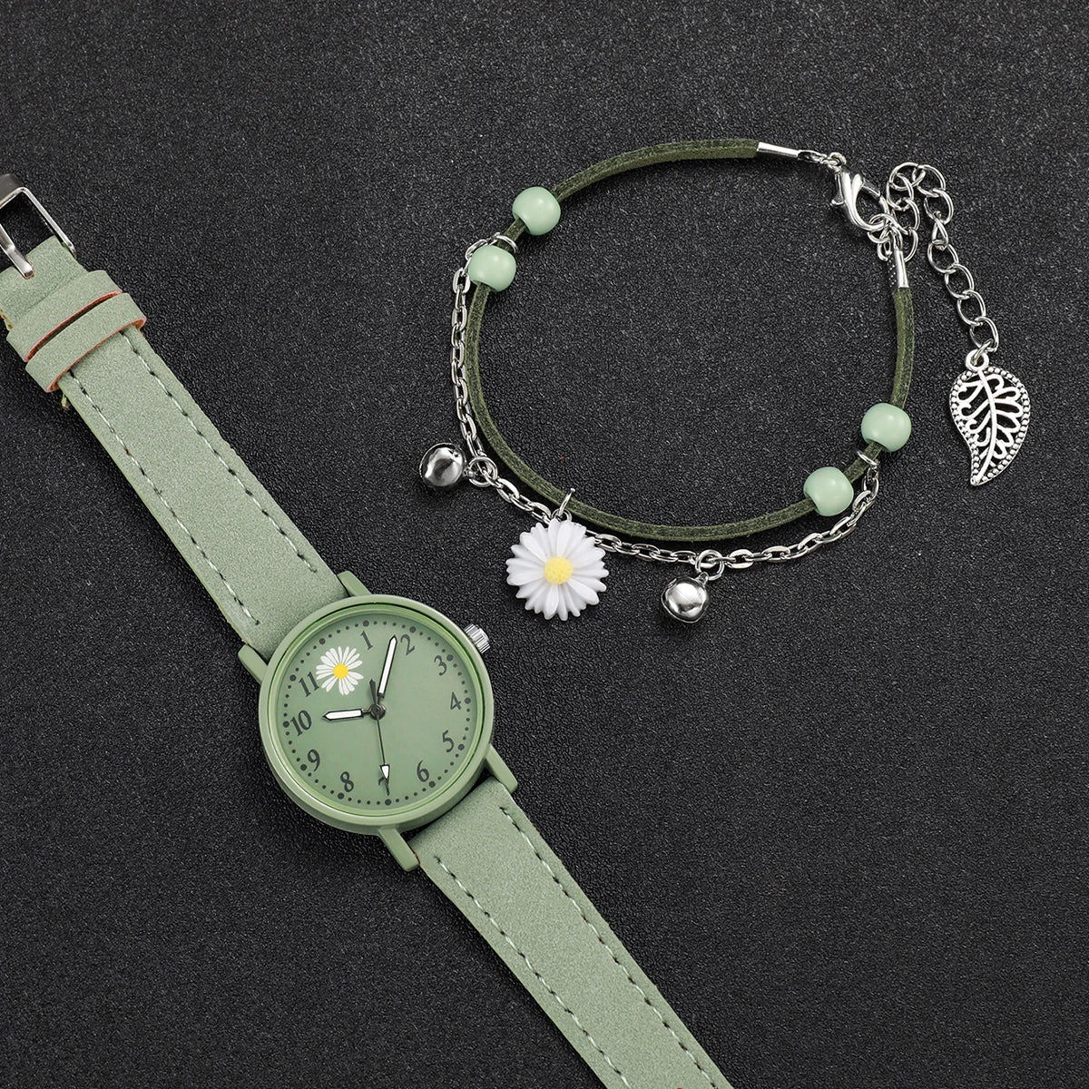 Relógio de quartzo casual árabe feminino, pulseira de couro, conjunto de pulseiras, flor, moda, 2 peças Qme