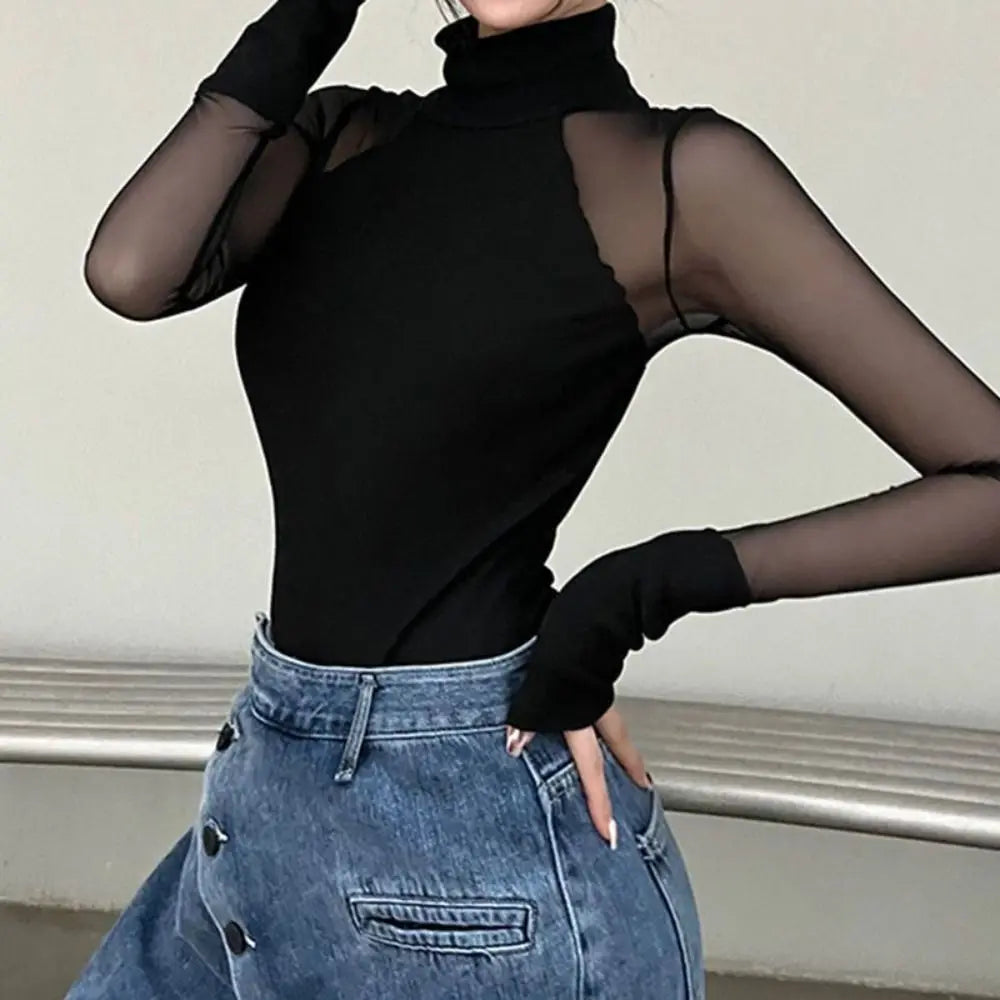 INS Collar Long Sleeve Jumpsuit Slim Fit Simple Lace Bottoming Shirt Qme