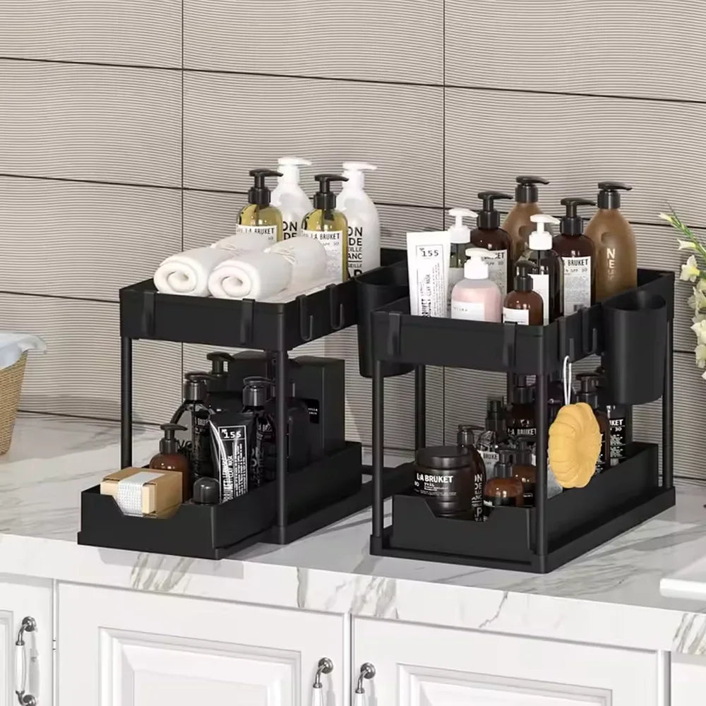 Kitchen 2 Tier with Hooks Hanging Cup Home Bathroom Organizer Under Sink Organizer Sliding Cabinet Basket Organizer Storage Rack Qme