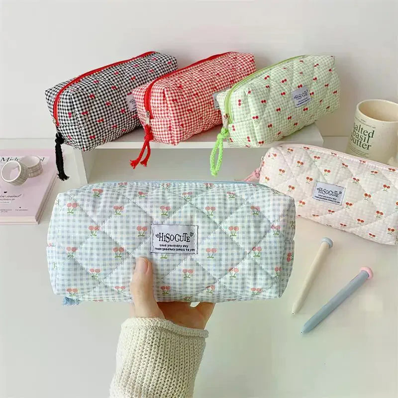 Cute Cherry Plaid Large Capacity Pencil Case Student Stationery Bag Qme