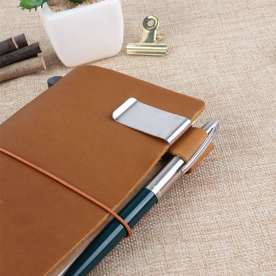 Handmade Leather Brass Stainless Steel Pen Holder Clip Journal Notebook Paper Folder Writing Office Supplies Qme