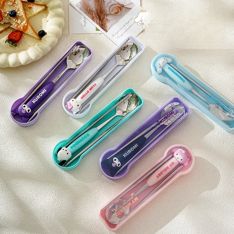 Hello Kitty Kuromi Spoon and Chopsticks Cute and Cartoon-Style Portable Cutlery Set Qme
