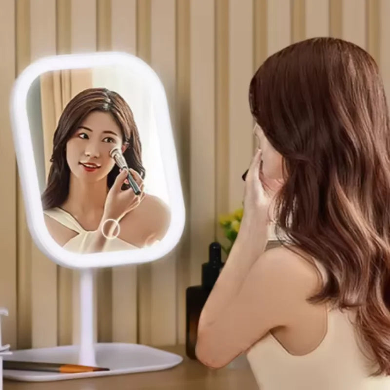 Women Bedroom Desktop Vanity Mirror 3 Color Dimmable Light LED Makeup Touch Control Mirror Home Travel Portable Qme