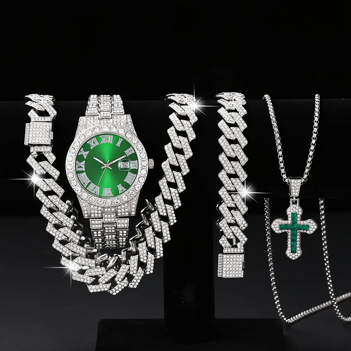 Men's Bling Jewelry Set: Silver Iced Out Watch + Cuban Link Chain + Bracelet + Blue Cross Pendant Necklace, 4Pcs Hip Hop Set Qme Coffee