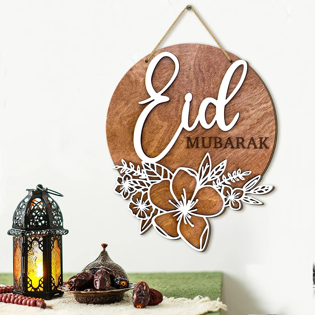 1PC Ramadan wooden retro wall decoration, Islamic style Eid Mubarak hollow flower pattern, holiday blessing decoration Qme