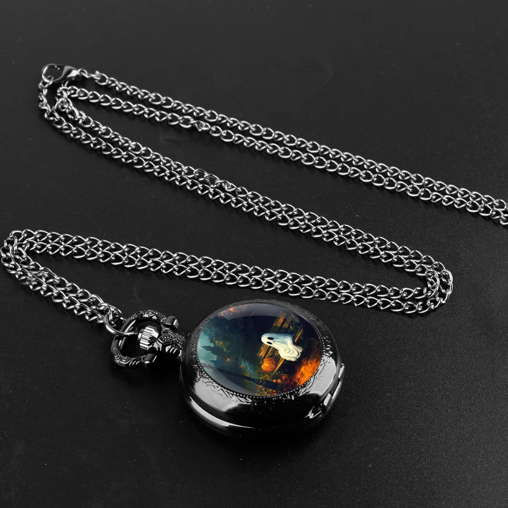 Halloween Cosplay Ghost Glass Dome Quartz Pocket Watch With Durable Chain Arabic Numeral Dial Creative Gifts for Men Women Qme