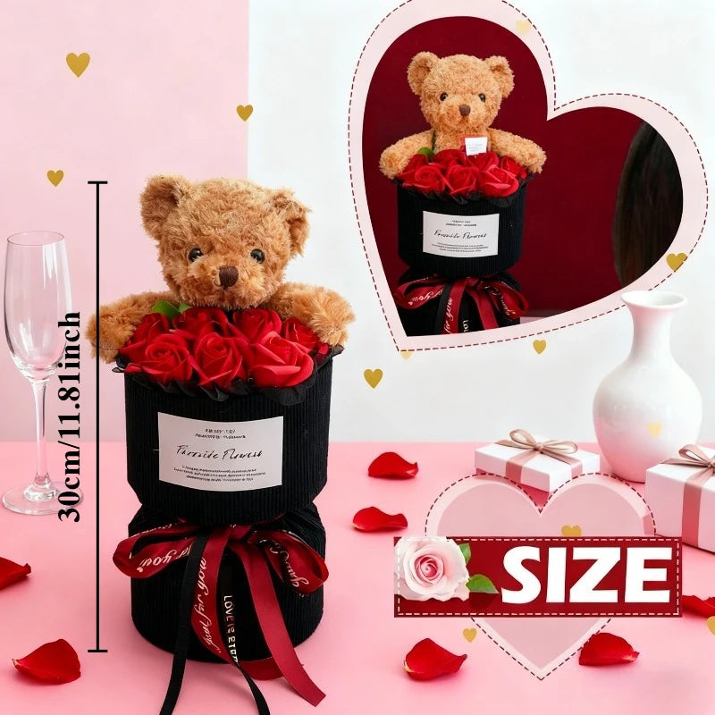 Valentine's Day Rose Bear Bouquet Artificial Flower Cute Decor Qme