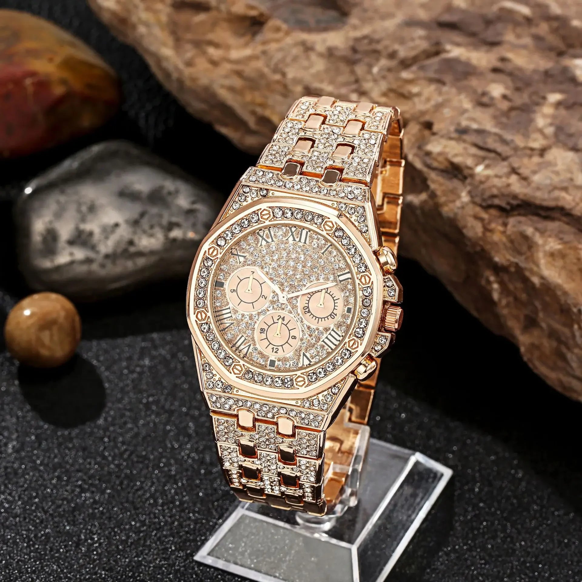 Relógio de negócios masculino moda cheio de diamante casual liga aço banda relógio de pulso de quartzo Qme Rose